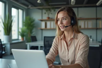 Femme en blouse et casque au bureau moderne