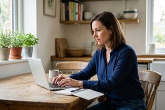 Femme concentrée travaillant sur son ordinateur à la maison