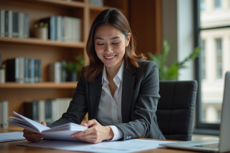 Femme en blazer dans un bureau lumineux et moderne