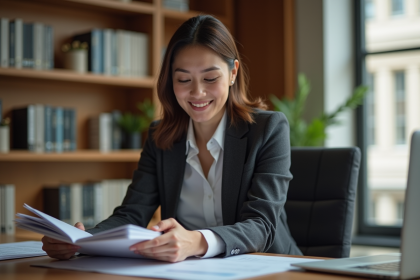 Femme en blazer dans un bureau lumineux et moderne