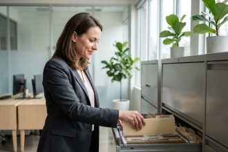 Femme d affaires rangeant un dossier dans un bureau moderne