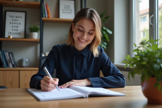Jeune femme au bureau organisant ses tâches