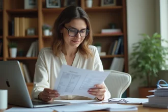 Femme au bureau compare fiche de paie et ordinateur