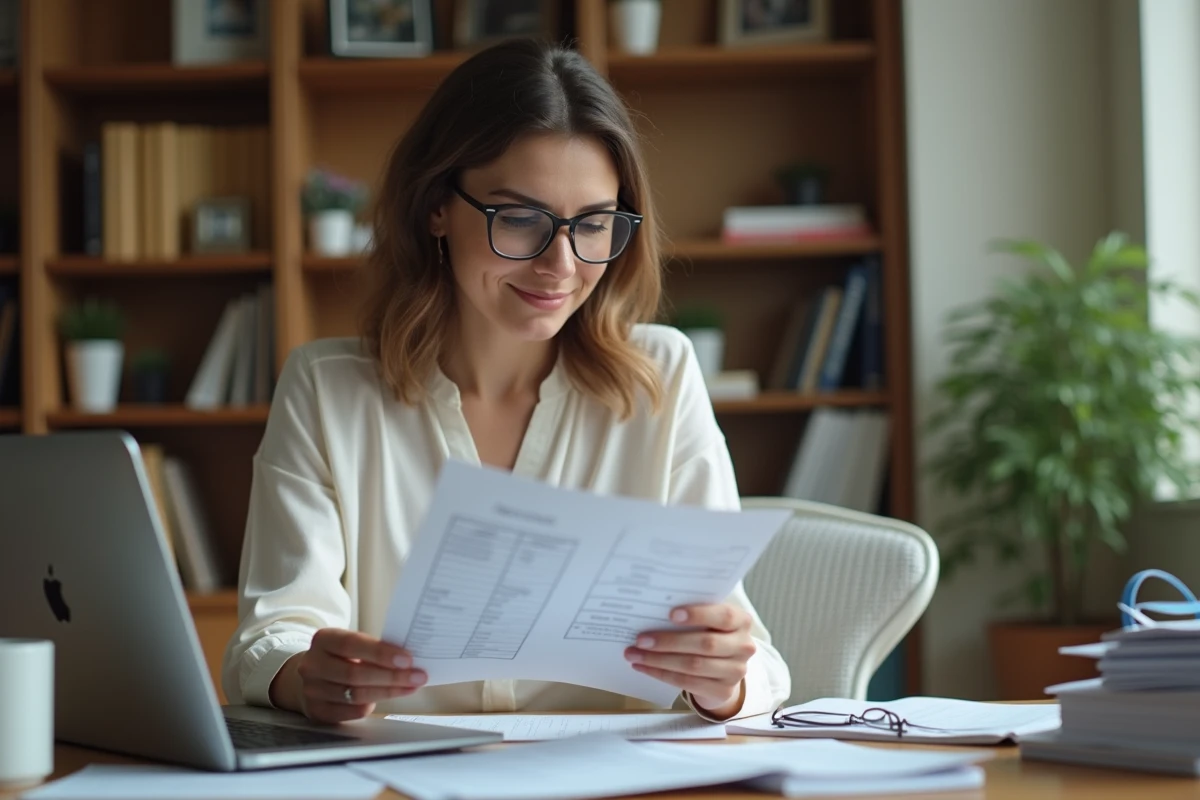 Femme au bureau compare fiche de paie et ordinateur