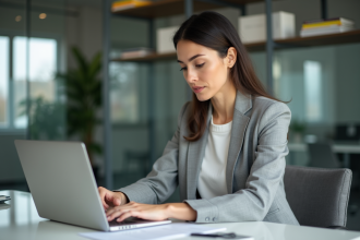 Femme professionnelle en bureau moderne travaillant sur son ordinateur