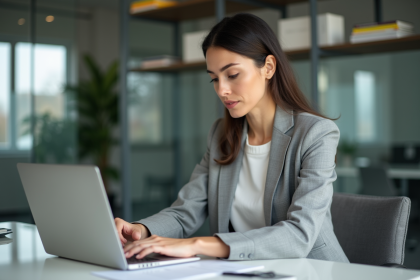 Femme professionnelle en bureau moderne travaillant sur son ordinateur