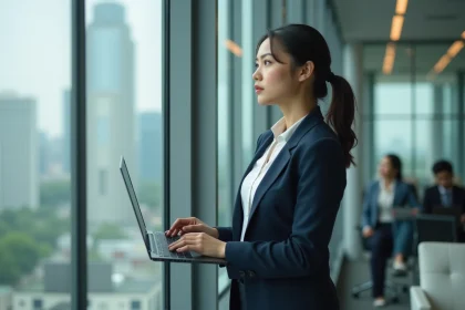 Femme en tenue professionnelle contemplant la ville