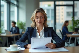 Femme cadre consultant un calendrier de jours travaillés et le Code du travail dans un bureau moderne en France