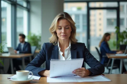 Femme cadre consultant un calendrier de jours travaillés et le Code du travail dans un bureau moderne en France