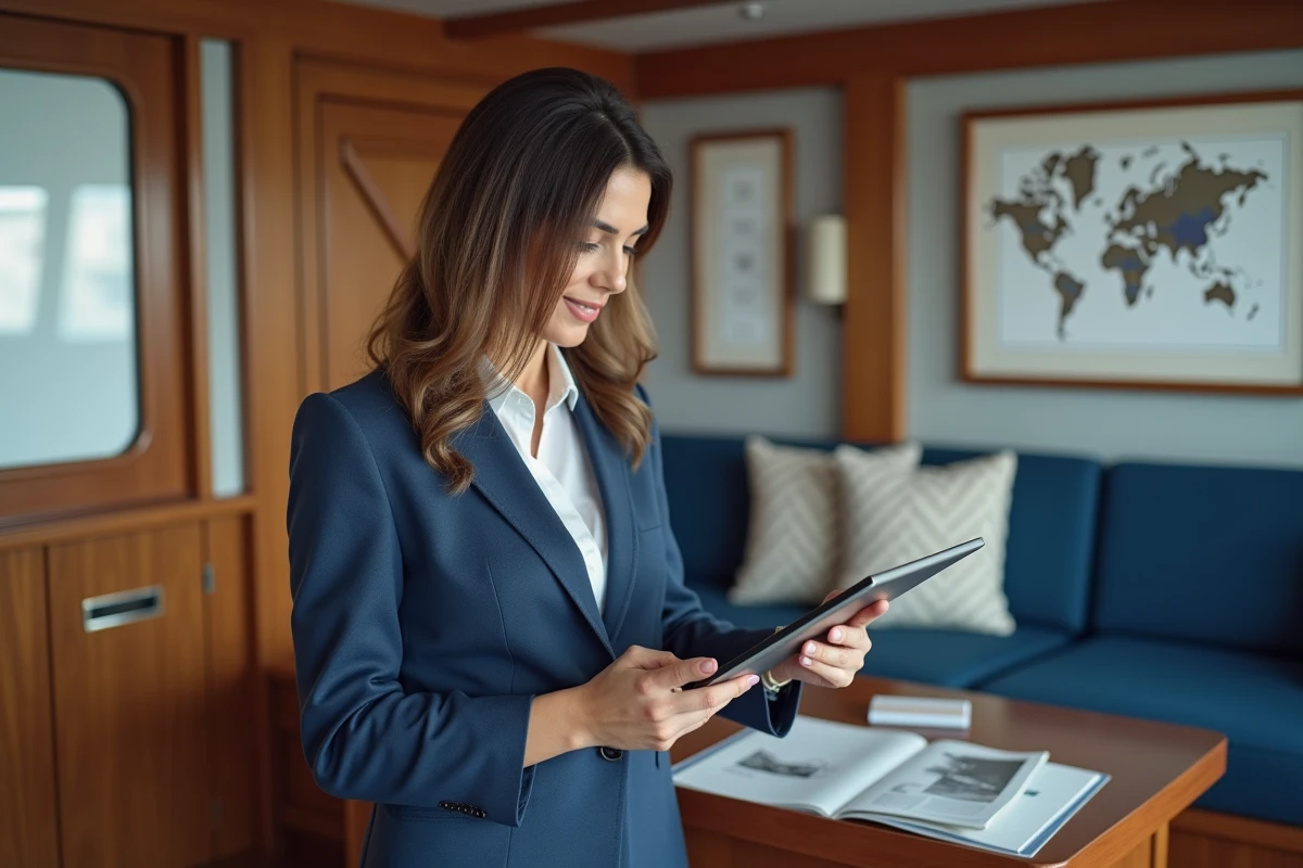 Femme cadre du secteur nautique consultant BoatIndustry sur tablette dans un bureau professionnel de yachting