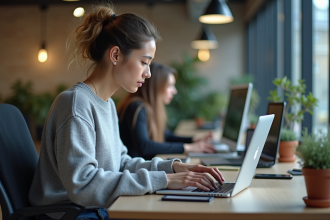 Femme en coding dans un bureau moderne et lumineux