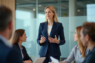 Femme confiante en réunion d'affaires en salle moderne