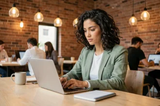 Femme travaillant dans un espace de coworking moderne au Mans, assise à un bureau en bois avec un ordinateur portable