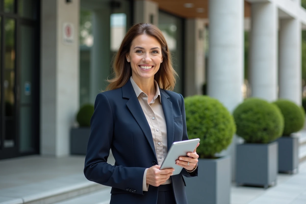 Femme dirigeante souriante devant un bâtiment moderne
