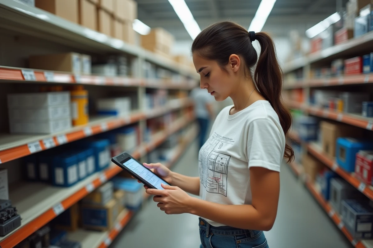 Jeune femme dans un magasin de bricolage &eacute;tudiant un sch&eacute;ma &eacute;lectrique sur une tablette