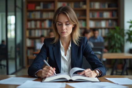 Femme en blazer navy consulte des documents juridiques