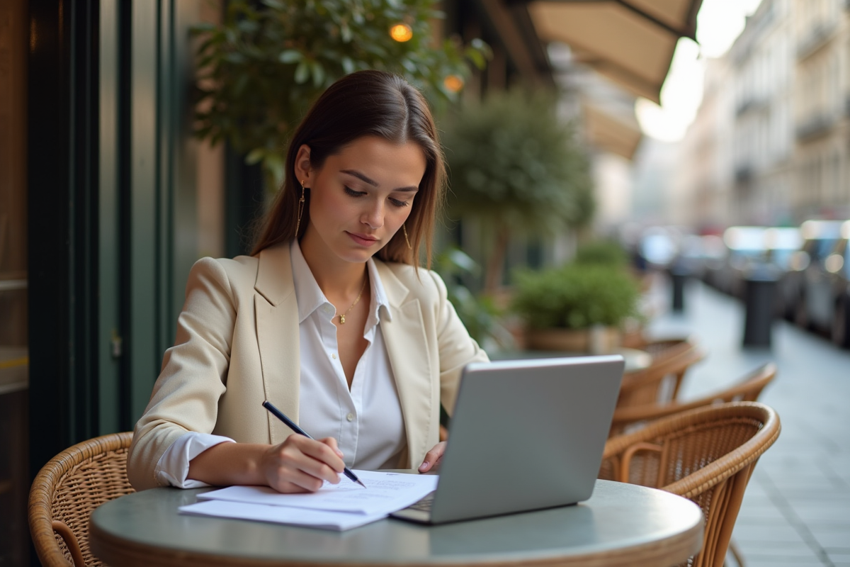Jeune femme entrepreneure travaillant sur ses impots au café