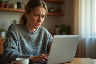 Femme inquiète lisant un email suspect sur son ordinateur portable dans une cuisine, illustrant les arnaques par mail liées à INFINITE Remit Services