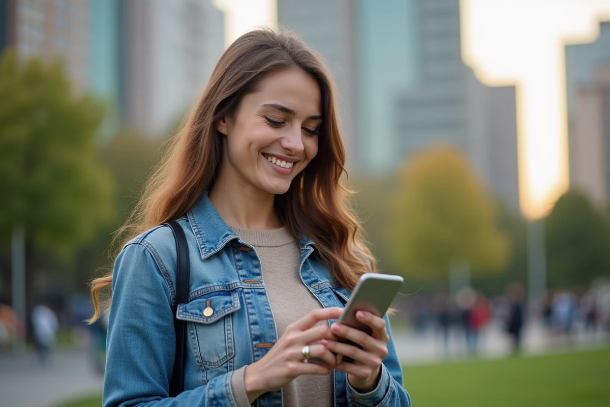 Femme millennial souriante utilisant son smartphone en ville
