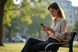 Femme regardant son bulletin de salaire sur smartphone dans un parc urbain