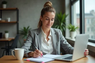 Femme professionnelle organisant sa journée de travail de 12 heures avec un agenda papier dans un bureau moderne
