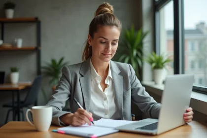 Femme professionnelle organisant sa journée de travail de 12 heures avec un agenda papier dans un bureau moderne