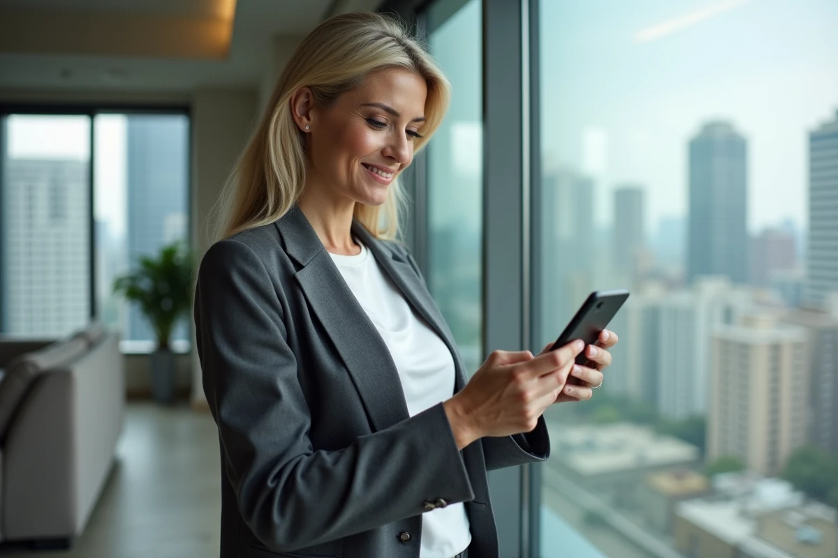 Femme d'une quarantaine d'années consultant une plateforme d'emploi en ligne sur son smartphone dans un appartement moderne