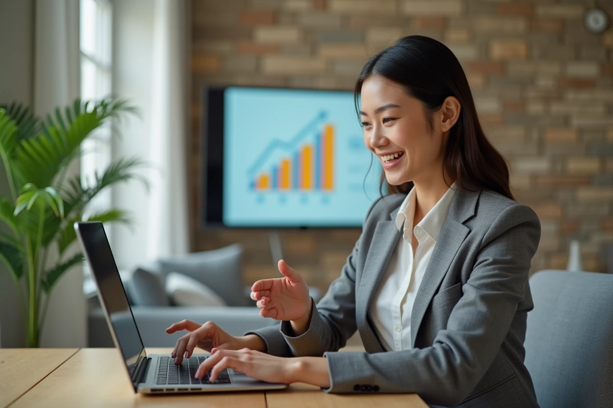 Jeune femme en live sur les réseaux sociaux dans un bureau moderne