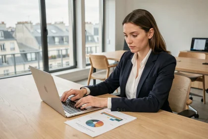 Femme professionnelle analysant des données de performance business sur un ordinateur portable dans un bureau parisien moderne