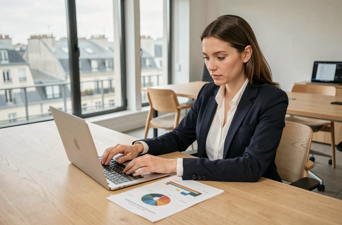 Femme professionnelle analysant des données de performance business sur un ordinateur portable dans un bureau parisien moderne
