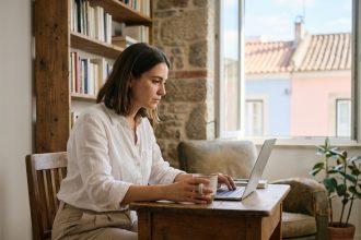 Jeune femme professionnelle travaillant dans un appartement lumineux