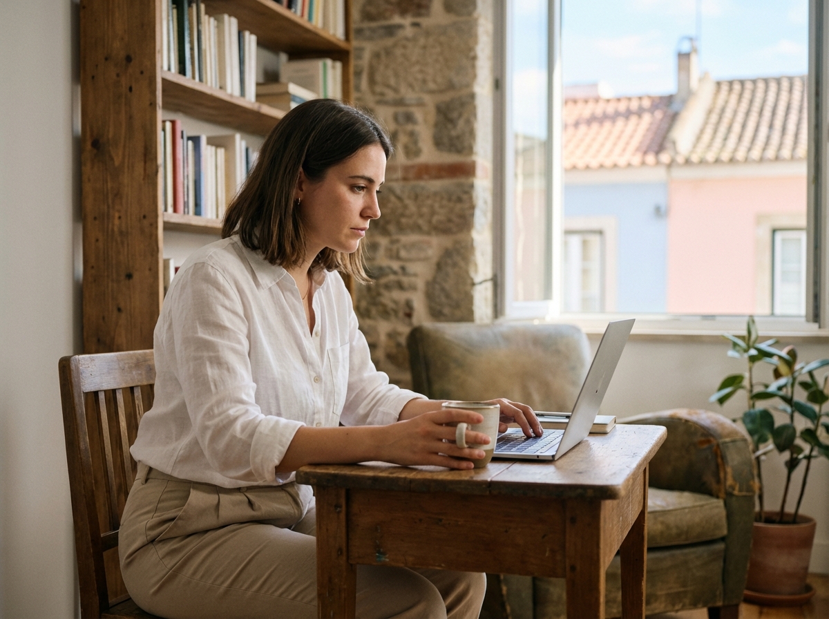 Jeune femme professionnelle travaillant dans un appartement lumineux