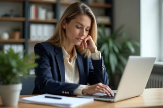 Femme en blazer navy travaillant sur un ordinateur dans un bureau lumineux