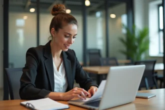 Femme professionnelle en coworking consulte son ordinateur