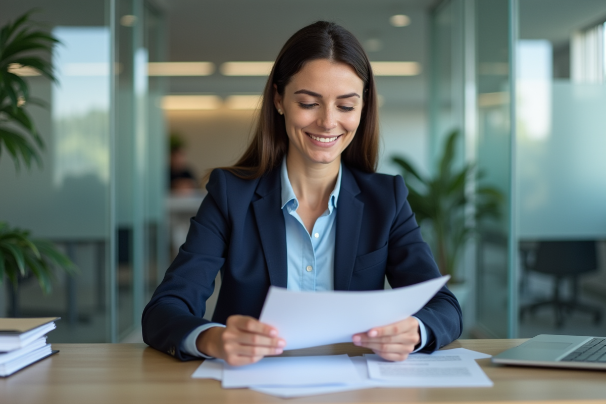 Femme en blazer bleu clair dans un bureau moderne