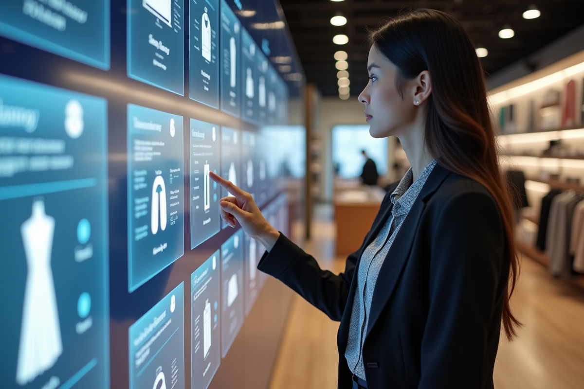 Jeune femme professionnelle utilisant un écran tactile en magasin
