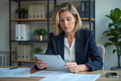 Femme professionnelle en r&eacute;union d'affaires concentr&eacute;e