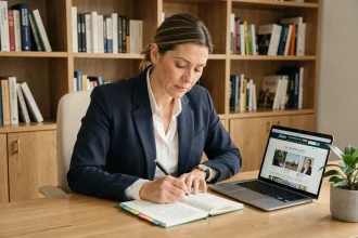 Femme professionnelle consultant un plan d'action business structuré dans un bureau moderne, illustrant l'utilisation d'un blog comme outil de planification stratégique