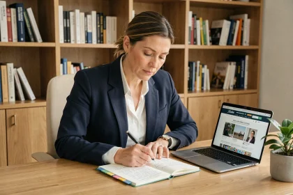 Femme professionnelle consultant un plan d'action business structuré dans un bureau moderne, illustrant l'utilisation d'un blog comme outil de planification stratégique