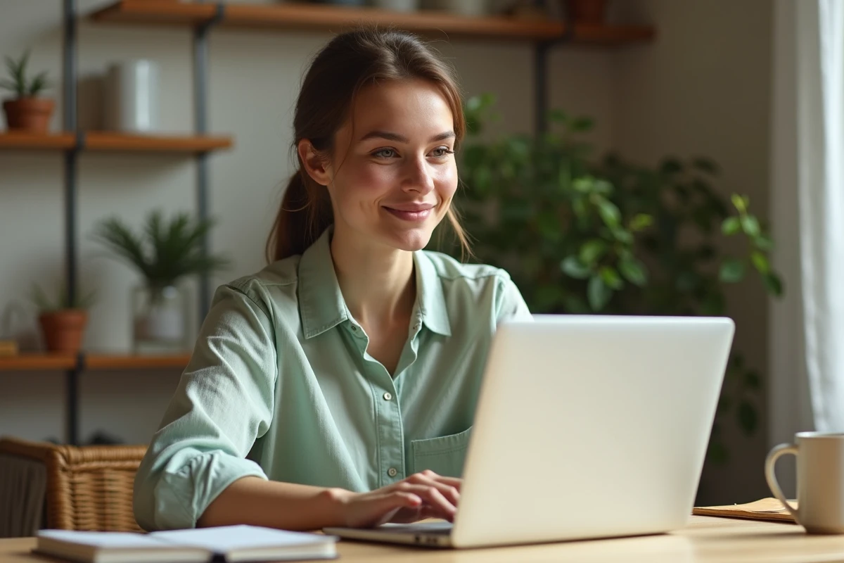 Femme cherchant des offres d'emploi en ligne sur un ordinateur portable depuis son bureau à domicile