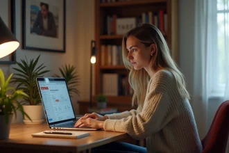 Femme en reconversion professionnelle apprenant en ligne depuis son domicile sur un ordinateur portable