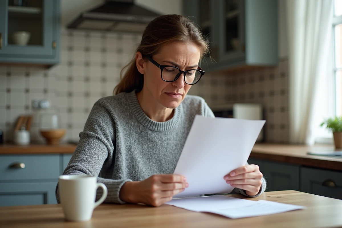 Femme examinant un relevé bancaire papier pour détecter un faux prélèvement imprimerie nationale