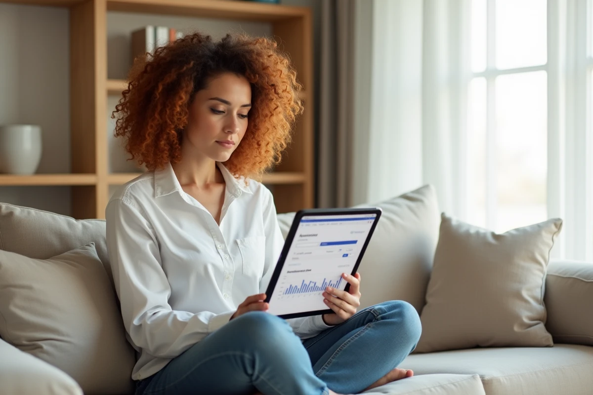 Jeune femme évaluant une application de gestion de compte sur tablette dans un salon moderne