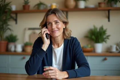 Femme au téléphone avec le service client France Télécom depuis sa cuisine