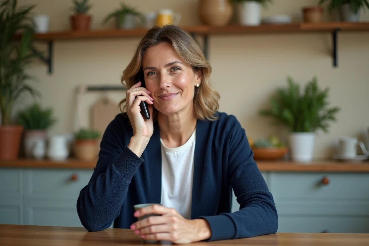 Femme au téléphone avec le service client France Télécom depuis sa cuisine