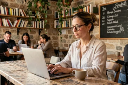 Femme travaillant sur un ordinateur portable dans un coworking café chaleureux à Perpignan avec murs en pierre et plantes suspendues