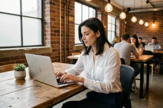 Femme travaillant sur un ordinateur portable dans un espace de coworking moderne au design industriel avec murs en briques apparentes