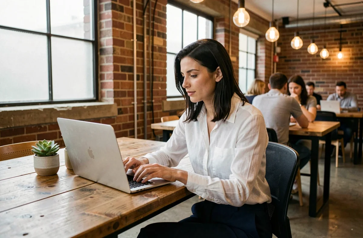Femme travaillant sur un ordinateur portable dans un espace de coworking moderne au design industriel avec murs en briques apparentes