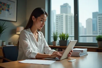 Femme d'âge moyen utilisant une tablette au bureau