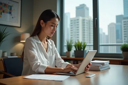 Femme d'&acirc;ge moyen utilisant une tablette au bureau